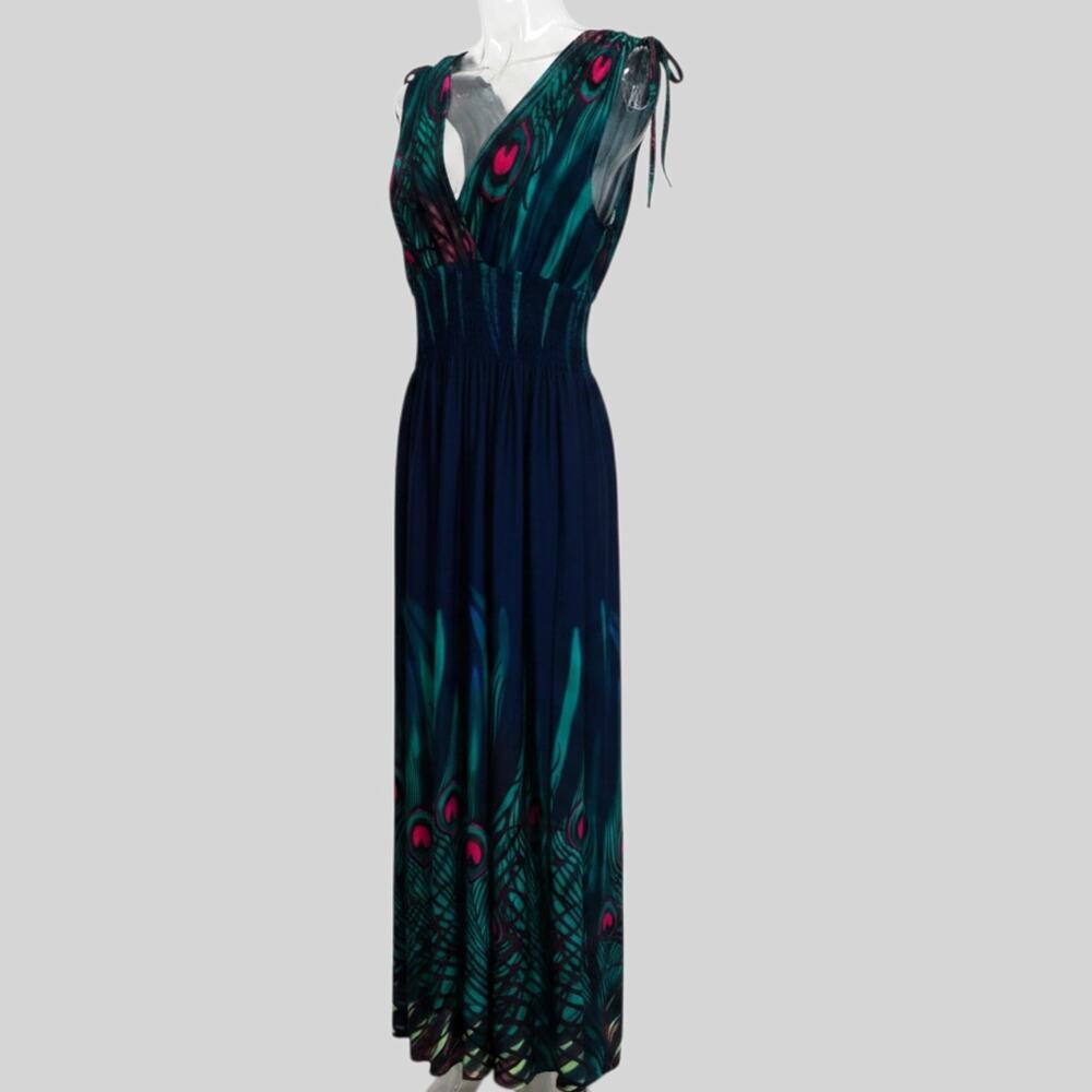 Raya Sun Navy Teal‎ Peacock Feather Maxi Dress Smocked Fairy Whimsigoth Size L